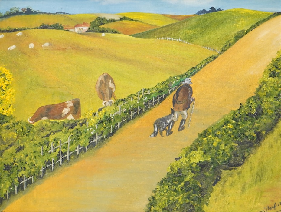 Mid century, rural landscape with cattle and shepherd, signed, partially obscured by the frame, oil on artists board, 33 x 44cm